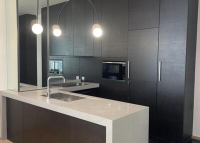 Modern kitchen with dark cabinets and island with pendant lighting