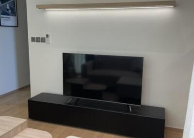 Modern living room with mounted shelves and a television on a low console