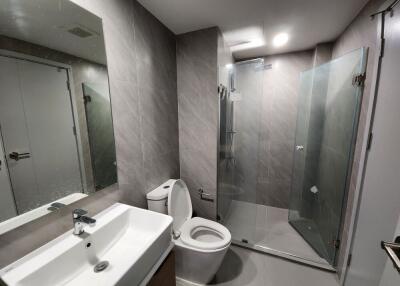 Modern bathroom with walk-in shower, toilet, and vanity sink