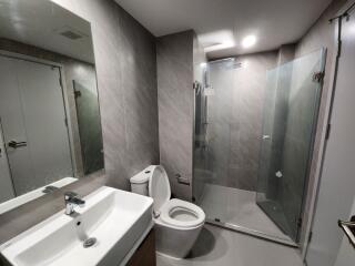 Modern bathroom with walk-in shower, toilet, and vanity sink