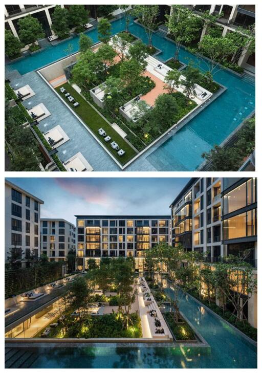 Aerial view of a modern residential complex with outdoor pool and landscaped gardens