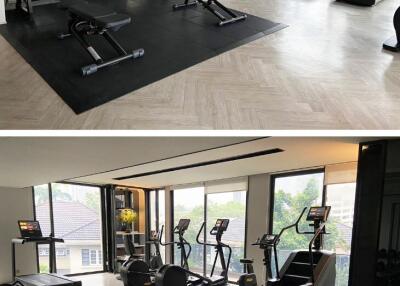 Modern fitness center with various workout equipment