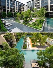 Outdoor swimming pool area with greenery and modern apartment buildings