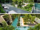 Outdoor swimming pool area with greenery and modern apartment buildings