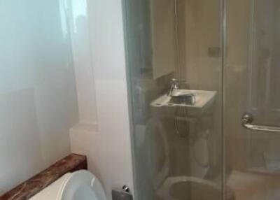 Bathroom with glass-enclosed shower and toilet