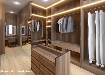 Spacious and well-organized master walk-in closet with ample storage