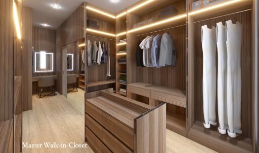 Spacious and well-organized master walk-in closet with ample storage