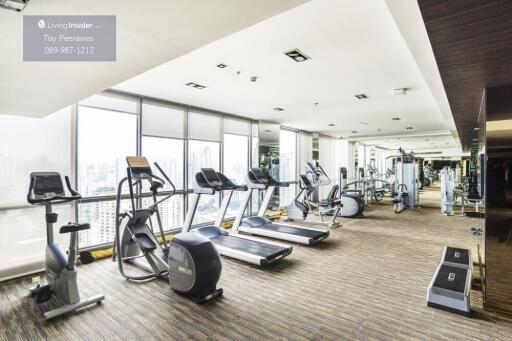 Well-equipped gym with various exercise machines and large windows