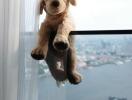 Plush toy on window ledge with city view