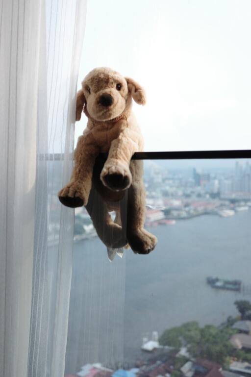 Plush toy on window ledge with city view