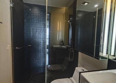 Modern bathroom with black tiled shower, toilet, and sink with vanity mirror