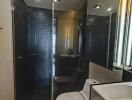 Modern bathroom with black tiled shower, toilet, and sink with vanity mirror