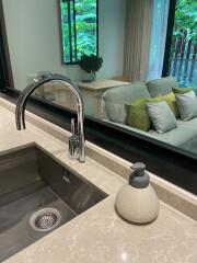 Modern kitchen sink with living room view