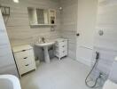 Modern bathroom with tiled walls and floors