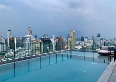 Rooftop swimming pool with city skyline view