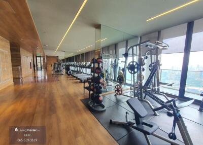 Modern gym with workout equipment and large windows