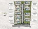 Master plan of a residential complex showing different plots with specifications and layout