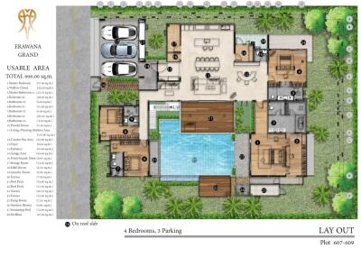 Floor layout of a residential property with 4 bedrooms and 3 parking spaces