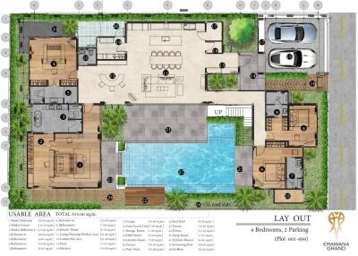 Floor plan layout of a property with 4 bedrooms and 2 parking spaces