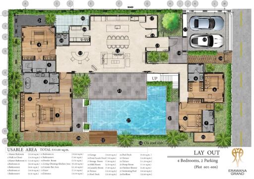 Floor plan layout of a property with 4 bedrooms and 2 parking spaces