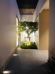 Modern hallway with indoor plants and ambient lighting