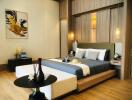 Modern bedroom with a wooden finish, artistic painting, bedside lamps, and a cozy bed.