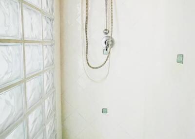 Shower area with tile flooring and water heater