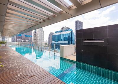 Modern rooftop pool with city skyline view