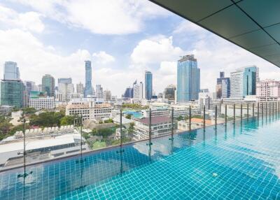 View of city skyline from rooftop pool