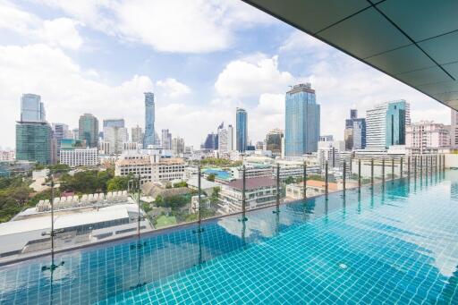 View of city skyline from rooftop pool