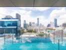 City skyline view from building balcony with pool