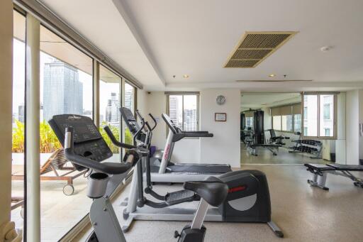 Modern gym with various exercise equipment and large windows