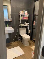 Modern bathroom with organized shelves and shower