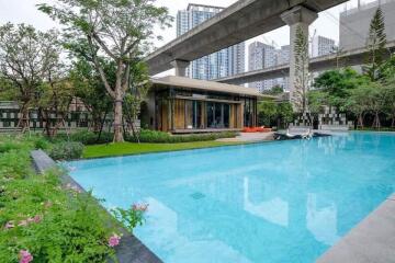 Modern building with a swimming pool and garden