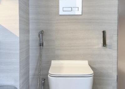 Modern bathroom with toilet and bidet spray