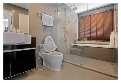 Modern bathroom with glass shower and bathtub