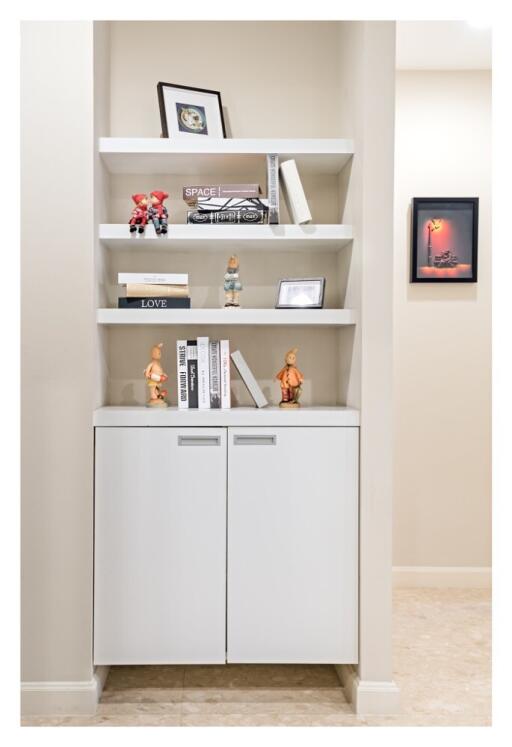 Built-in wall shelves with decor and cabinet storage 