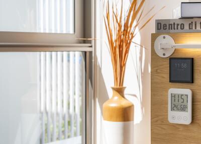 Interior corner with window, wall-mounted thermometer, and tall vase with dried plants