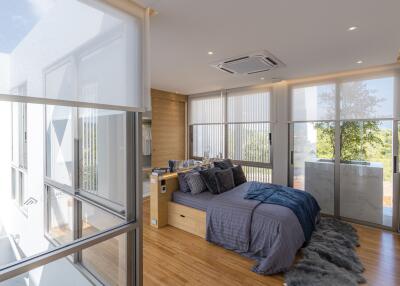 Modern bedroom with large windows and contemporary furnishings