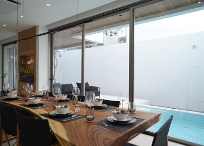 Dining area with a pool view