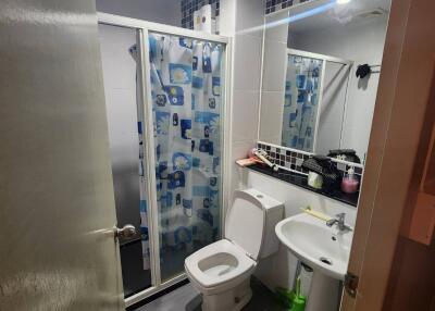 Modern bathroom with tiled walls and glass shower