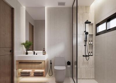 Modern bathroom with shower and vanity