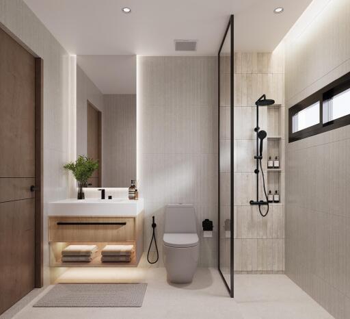 Modern bathroom with shower and vanity