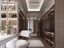 Spacious walk-in closet with built-in wardrobes, vanity area, and modern lighting