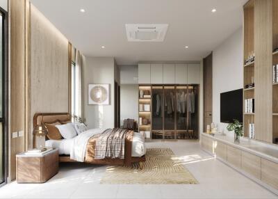 Modern bedroom with wooden furniture and large window