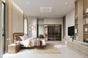 Modern bedroom with wooden furniture and large window