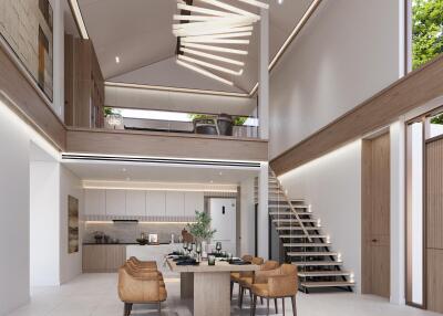 Modern open-plan living and dining area with high ceilings