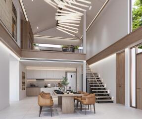 Modern open-plan living and dining area with high ceilings