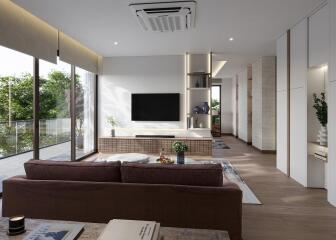 Modern living room with large windows, a brown sofa, wall-mounted TV, and built-in shelves