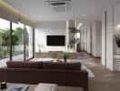 Modern living room with large windows, a brown sofa, wall-mounted TV, and built-in shelves